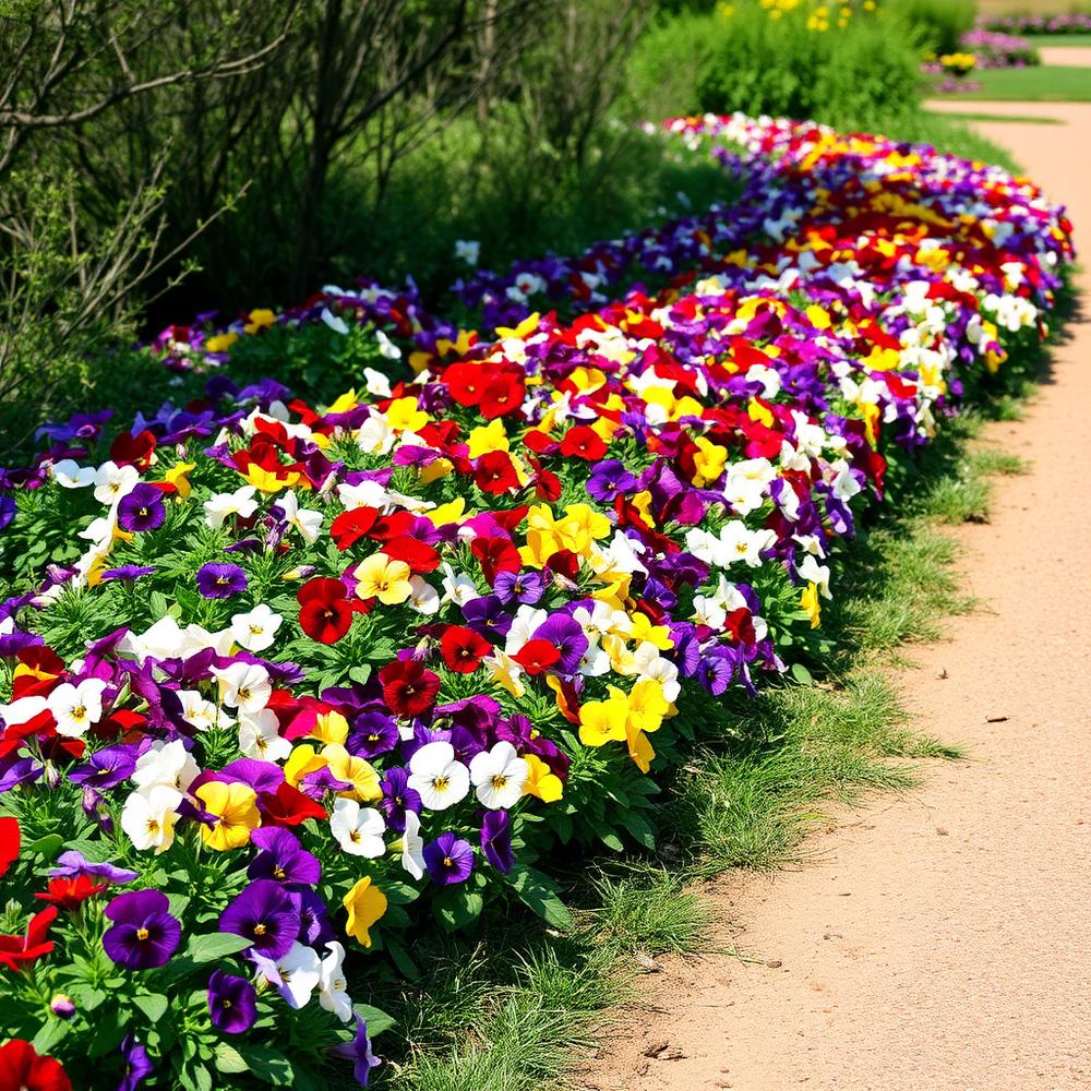 Aiuola di giardino fiorita con viole del pensiero di più colori