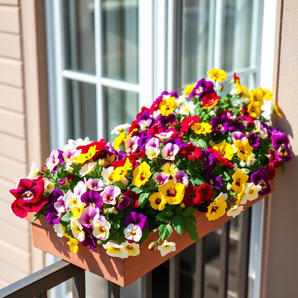 Cassetta da balcone piena di viole del pensiero colorate
