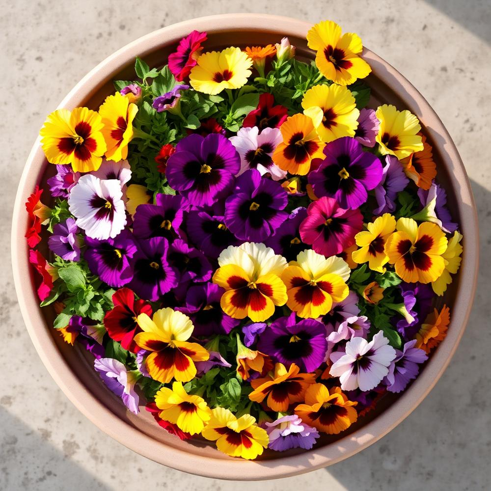 Composizione mista di viole del pensiero di colori diversi in una ciotola